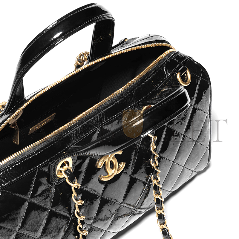 Ch*el large bowling bag patent crumpled calfskin & gold-tone metal black as5579 (31*17*13cm)